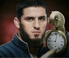 a man with a beard is holding a clock that shows the time as 4:20
