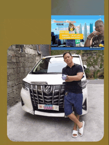 a man standing in front of a white car with a license plate that says ' cool '