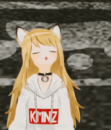 a cartoon girl wearing a white hoodie with the word kmnz on it