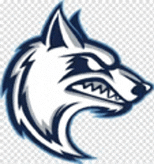 a white and blue wolf head with sharp teeth is on a transparent background .