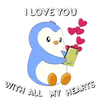 a penguin is holding a cell phone with hearts coming out of it and the words i love you with all my hearts