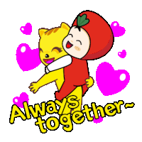 a cartoon of a girl in an apple costume hugging a cat with the words " always together " below it