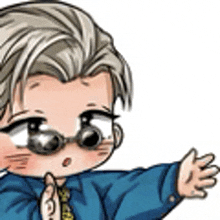 a cartoon of a boy wearing sunglasses and a blue shirt is reaching out his hand .