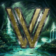 the letter w is surrounded by a waterfall in a dark forest