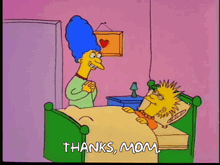 a cartoon of marge simpson standing next to bart simpson laying in a bed .