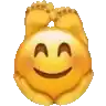 a yellow smiley face with a pair of feet behind it is smiling .