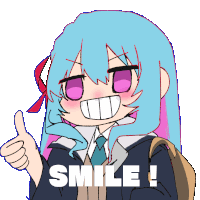 a cartoon of a girl with blue hair giving a thumbs up with the words smile written below her