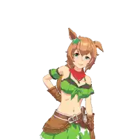 a girl with brown hair and green eyes is wearing a green top and brown skirt