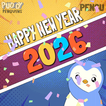 a happy new year greeting card with a penguin and confetti