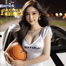 a woman is holding a basketball in front of a car with a museum bola logo