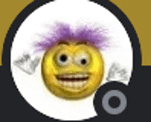 a yellow smiley face with purple hair is sitting in a circle .