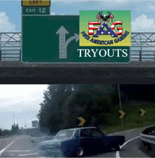 a picture of a highway with a sign that says tryouts on it