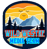 a logo for the wild west media team shows mountains and trees