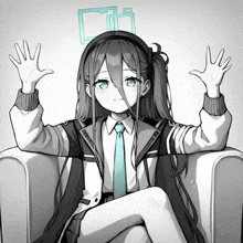 a black and white drawing of a girl wearing headphones and a tie sitting on a couch .