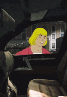 a cartoon character is sitting in the driver 's seat