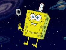 spongebob squarepants is holding a spatula in his hand