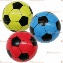 three different colored soccer balls on a white background with hdhediyedukkan.com written on the bottom