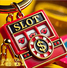 a red and gold slot machine with a dollar sign on it