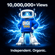 a robot wearing a hoodie that says digi 995