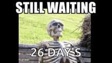 a skeleton sits on a bench with the words still waiting 26 days