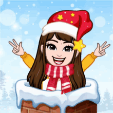 a cartoon girl wearing a santa hat and scarf is standing in a chimney