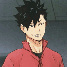 a black haired anime character with a red jacket on