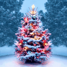 a christmas tree is covered in snow and has lights on it