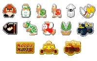 a collection of video game characters including koopa kart are shown on a white background