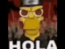 a close up of a cartoon character wearing glasses and a hat with the word hola written on it .