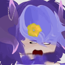 a cartoon character with purple hair has a yellow flower on her head
