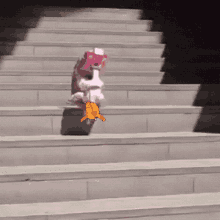 a cartoon character is walking down a set of stairs with a butterfly in the background