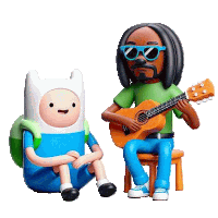 finn and snoop dogg from adventure time are sitting next to each other while snoop plays a guitar .