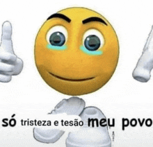 a cartoon smiley face is giving a thumbs up and holding a sign that says so tristeza e tesão meu povo