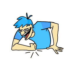 a cartoon drawing of a man with blue hair laughing with the letter p on his face