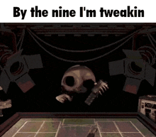 a skeleton is dancing in a dark room with the words `` by the nine i 'm tweakin ''