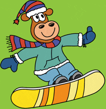 a cow wearing a hat and scarf is riding a snowboard and giving a thumbs up