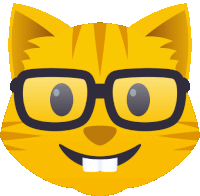 a yellow cat wearing glasses and smiling with its teeth showing