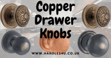 copper drawer knobs are displayed on a website called handles4u.co.uk