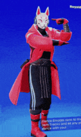 a man in a red coat and black pants is dancing