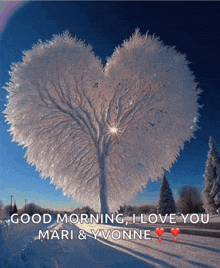 a picture of a heart shaped tree with the words good morning i love you mari & yvonne