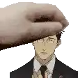 a pixel art of a man in a suit and tie with a hand on his forehead .