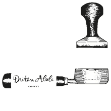 a black and white drawing of a coffee tamper with the name dritan alsela written below it