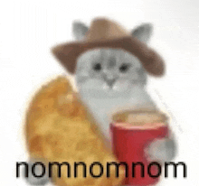 a cat wearing a cowboy hat is sitting next to a cup of coffee and chips .