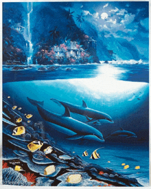 a painting of dolphins swimming in the ocean by d. henninger