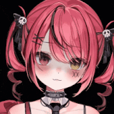 a close up of a girl with pink hair and a skull on her hair