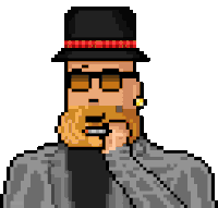 pixel art of a man with a beard wearing a top hat and sunglasses