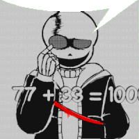 a black and white drawing of a skeleton with a speech bubble saying 77 + 33 = 100