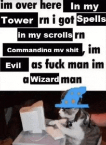 a cat wearing a wizard hat is sitting at a computer