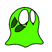 a cartoon drawing of a green ghost with two eyes and leaves on its head .