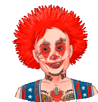 a pixel art of a clown with red hair and tattoos